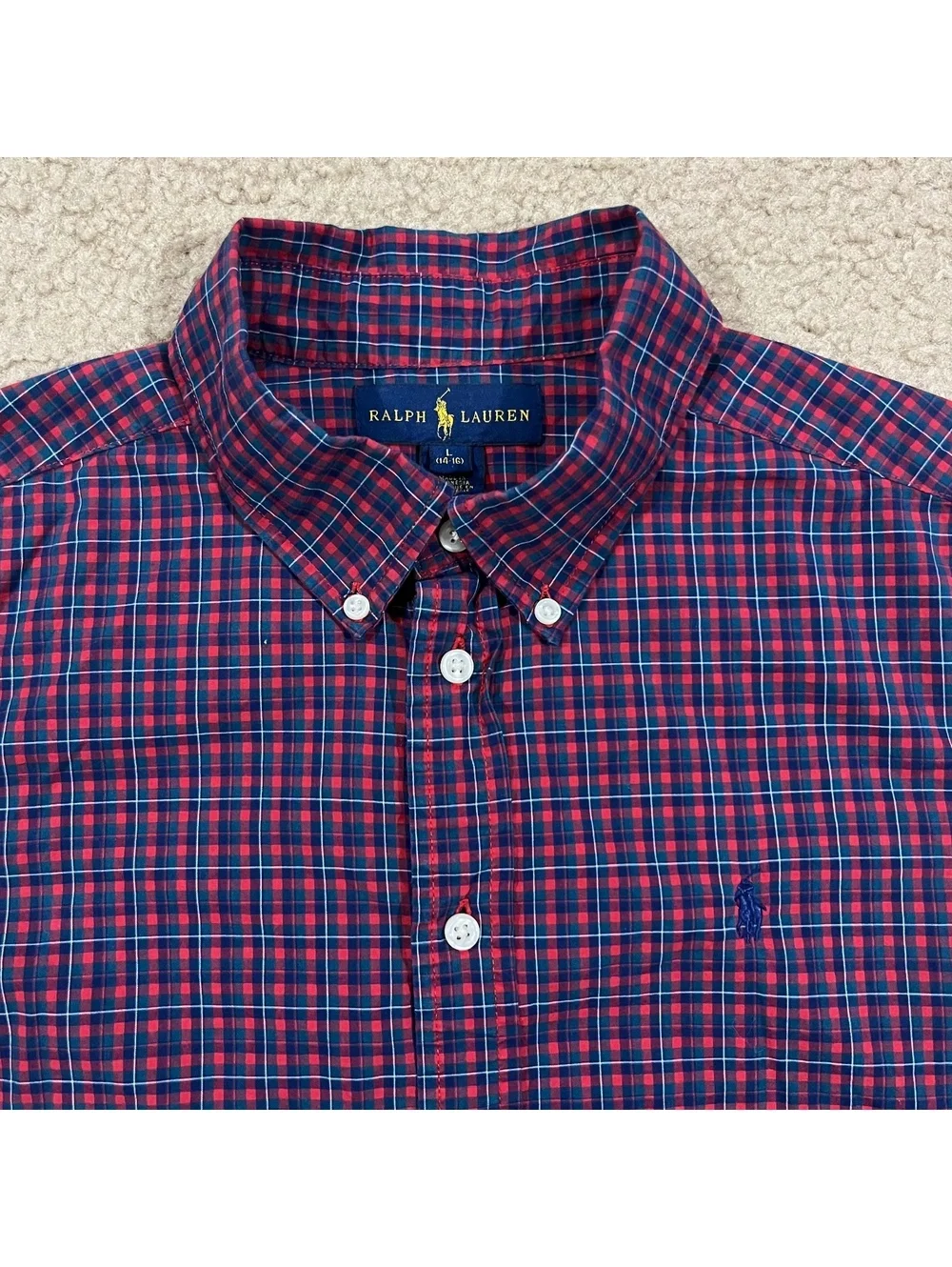 Ralph Lauren Boys Red Blue Plaid Long Sleeve Button Up Shirt Size Large 14-16